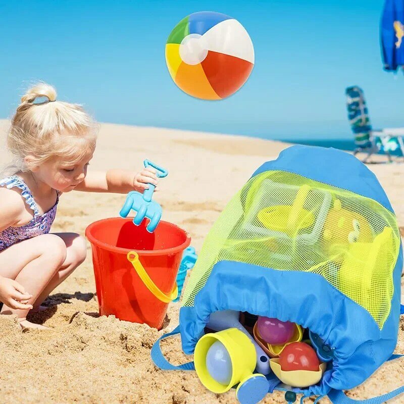 Saco de praia portátil para crianças Saco de natação de malha dobrável Cesta de brinquedos de alta capacidade Saco de armazenamento para crianças Saco seco ao ar livre