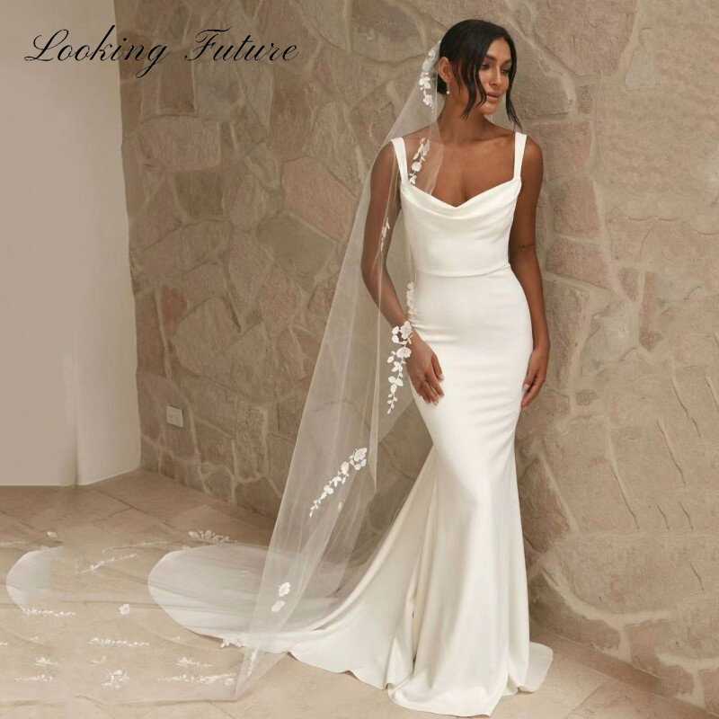 Vestido de novia blanco de sirena de satén elegante para mujer, cuello cuadrado, tirantes finos, ilusión, sin espalda, bata de botón