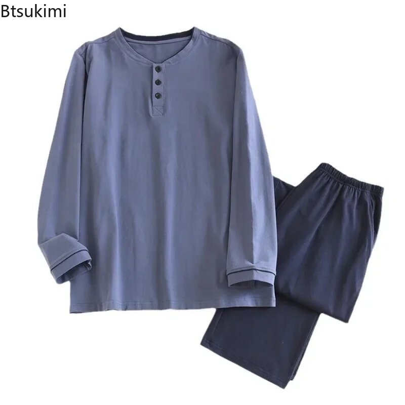 Conjuntos de pijama de manga comprida estilo AB masculino, 100% algodão puro, pulôveres e calças, gola em o sólido, pijama simples, roupa de casa, 2022