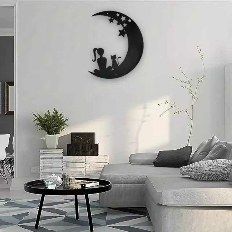 Chat mignon en métal et lune en fer, décoration murale moderne, sculpture murale