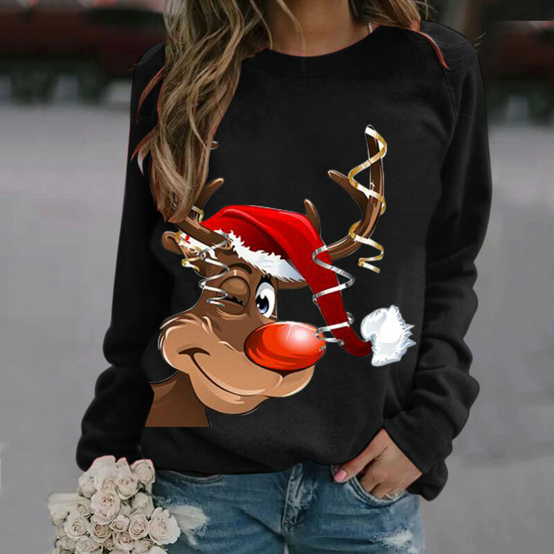 Herbst Winter Weihnachten Sweatshirt Mode elegante Tops Damen Rundhals ausschnitt Weihnachten Elch gedruckt Langarm Pullover Sweatshirts