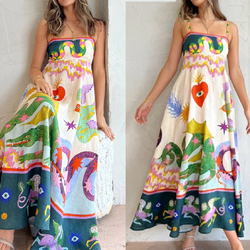 Женское платье на бретельках, Элегантное повседневное платье в богемном пляжном стиле с высокой талией и принтом, лето 2024