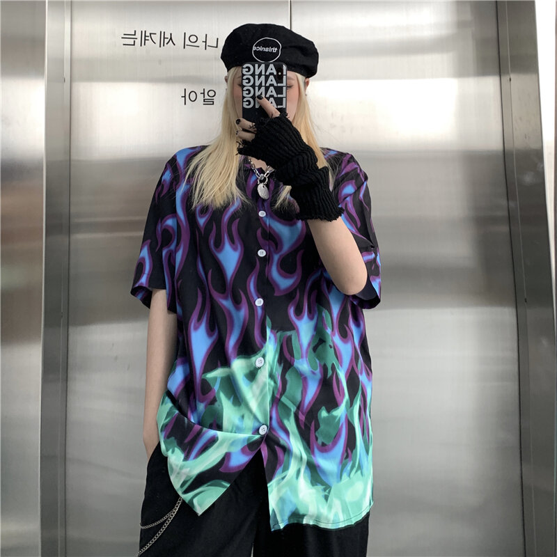 Homem japonês harajuku yamamoto estilo blusa verão streetwear chique topos moda fogo chama imprimir camisa dança hip hop