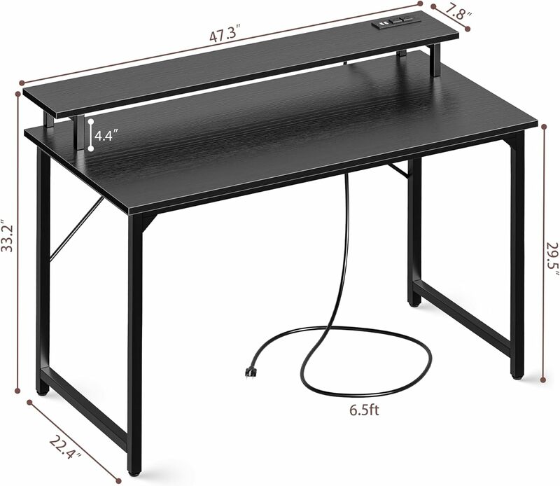 Superjare โต๊ะคอมพิวเตอร์47นิ้วพร้อมไฟ LED และเต้าเสียบไฟฟ้าโต๊ะสำนักงานบ้านพร้อมชั้นวางจอมอนิเตอร์ des ขนาดเล็ก