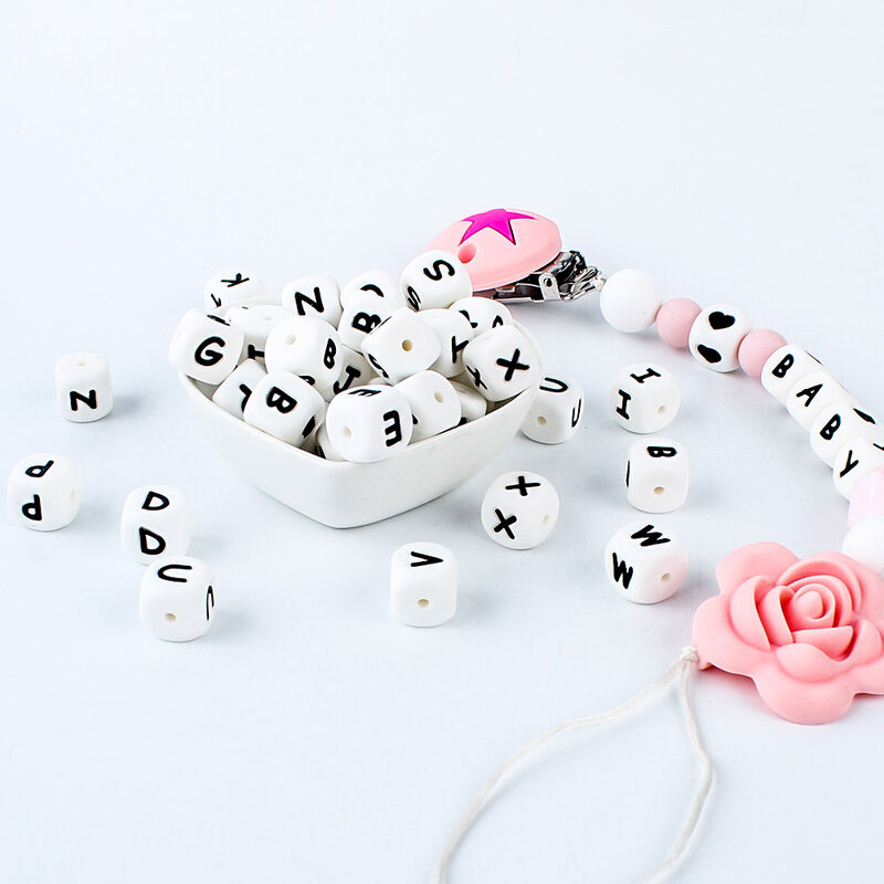 Perles en silicone avec lettres de l'alphabet anglais, jouets de dentition pour bébé, pendentif sucette, grain alimentaire, bricolage, ChFukBeads, 12mm, 10 pièces