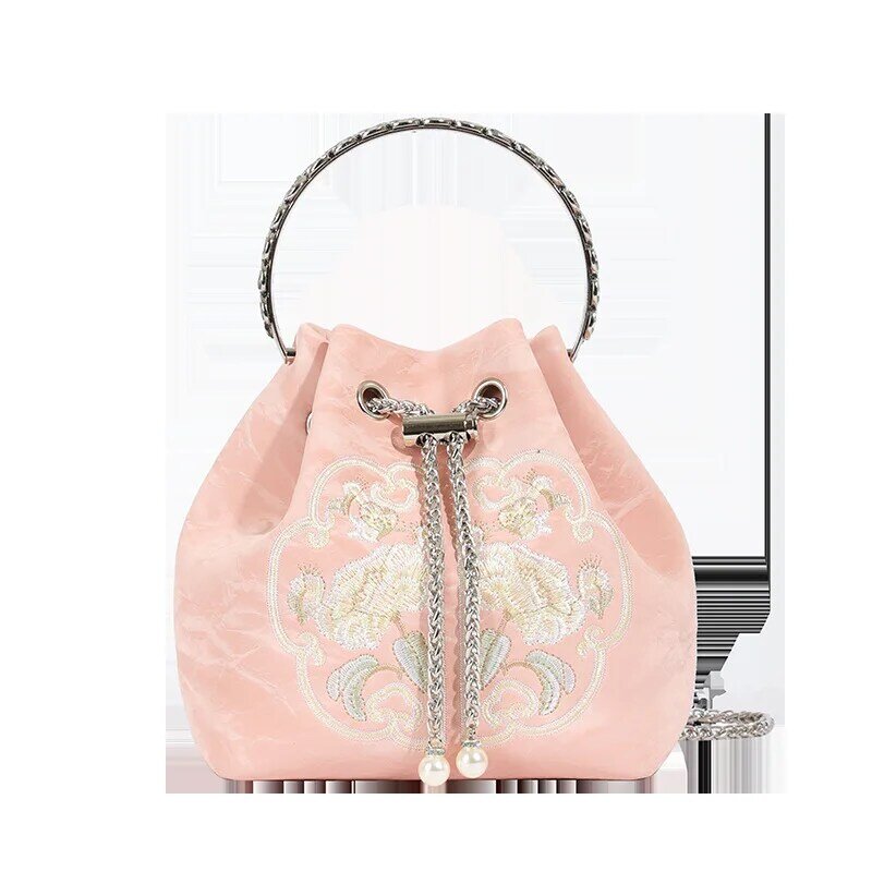 Bolsa tiracolo bordada estilo chinês nova para mulheres, bolsa de balde pequena, bolsa de ombro única elegante, alta qualidade, verão 2024