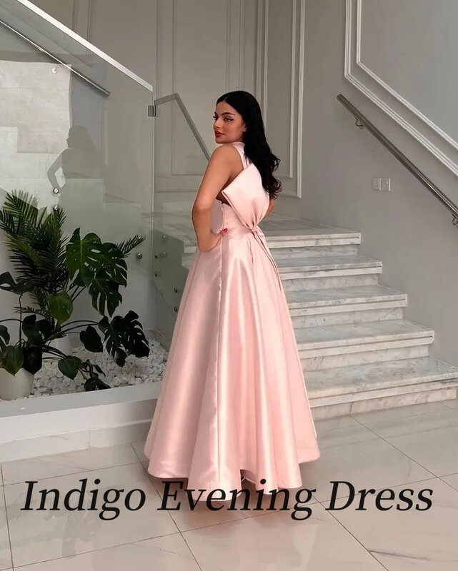 Gaun Prom leher tinggi Indigo tanpa lengan gaun acara Formal pita panjang lantai 2024 Gown Gown