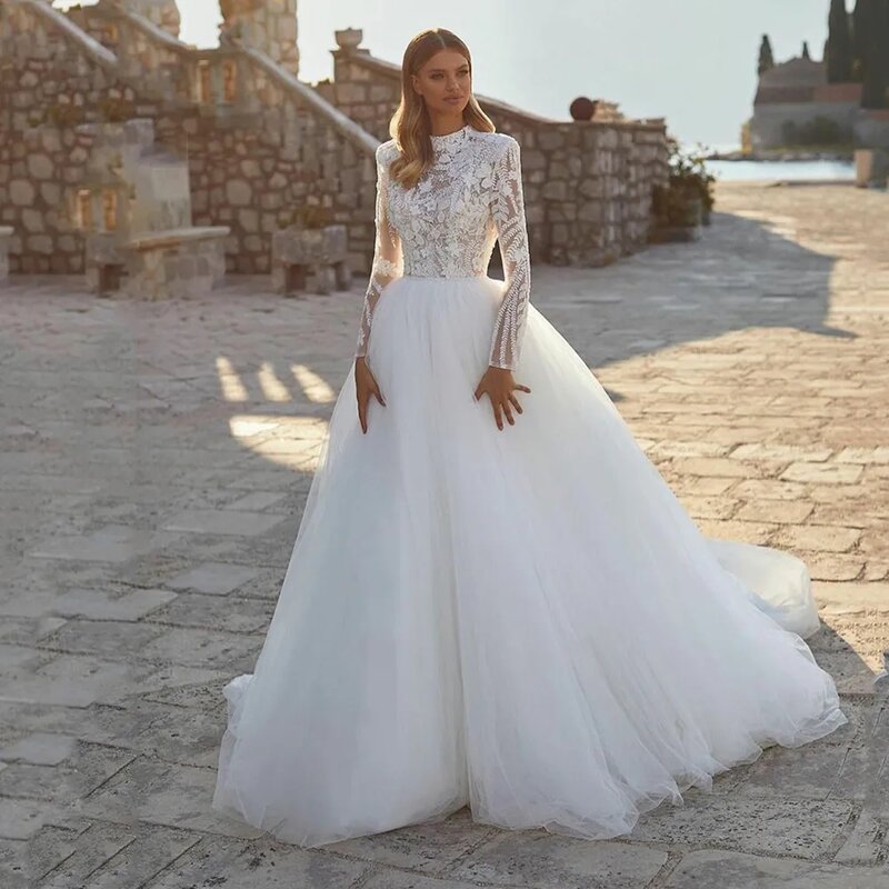 2023 artystyczne damskie suknie ślubne o linii z długim rękawem koronkowa aplikacja księżniczka suknie ślubne oficjalne płaszcz plażowy na imprezę De Mariée