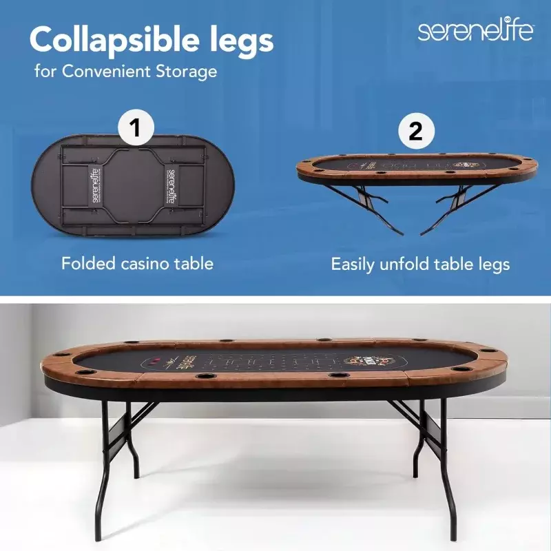 Serenelife-楕円形の折りたたみ式ポーカーテーブル、カジノホールデムテーブル、防水クッションレール、10カップホルダー
