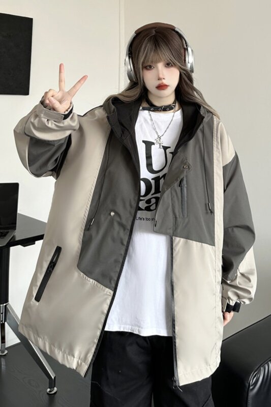 Płaszcz damski kontrastowy kolorowy Patchwork kombinezon z kapturem na jesienną kurtkę typu Oversize Casual średniej długości