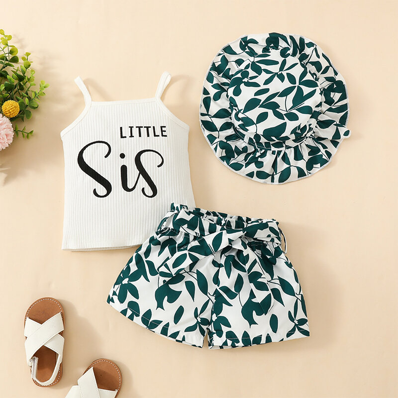 Tops sem mangas com estampa de cinta de sling para bebês, shorts com estampa floral com chapéu de cinto, roupas de verão, 2024-04-26