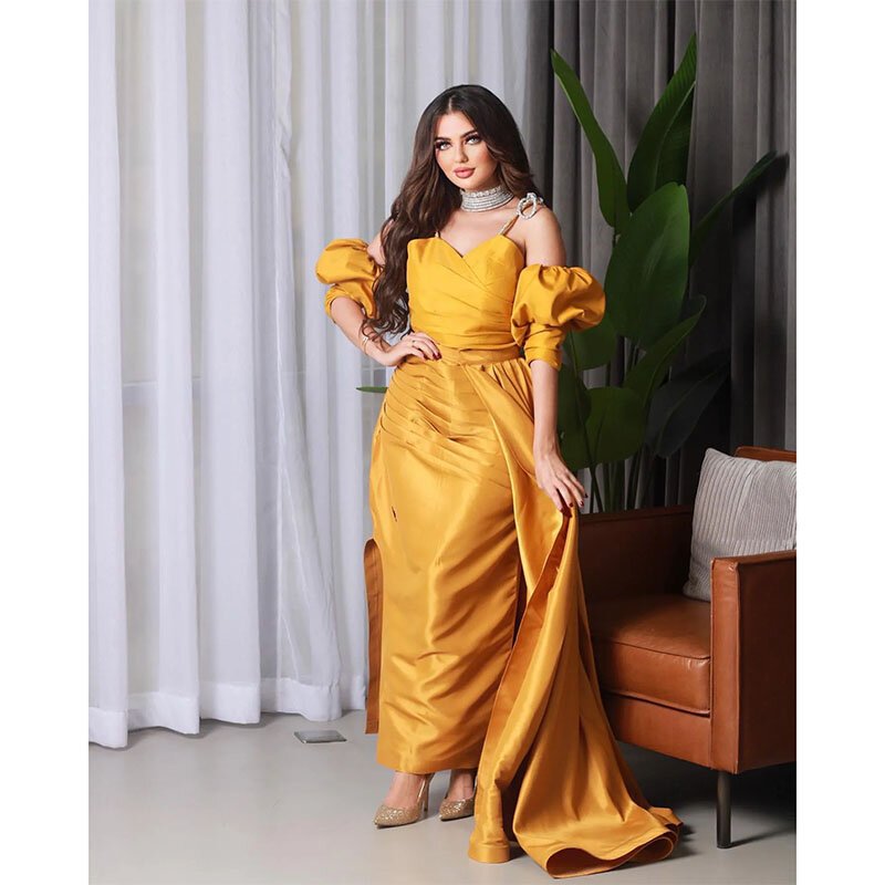 Elegant Long Yellow Evening Dresses Spaghetti Straps Satin Short Sleeves Mermaid Ankle-Length Formal Occasion Dress 2024