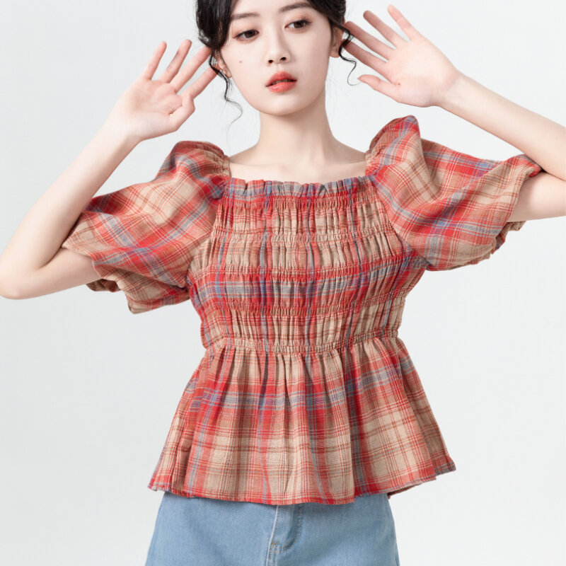 เสื้อเบลาส์ลายสก็อตสำหรับผู้หญิงน่ารักวัยรุ่นฮาราจูกุแขนพองสไตล์เกาหลีลูกไม้ย้อนยุคฤดูร้อน