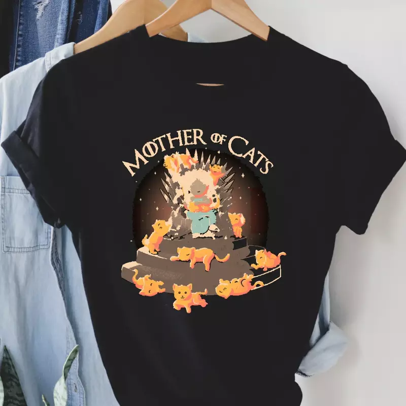 Koszulka damska Cottonn z okrągłym dekoltem z nadrukiem w stylu Harajuku z krótkim rękawem wzór z kotem z kreskówki prosty T-Shirt mody Casual