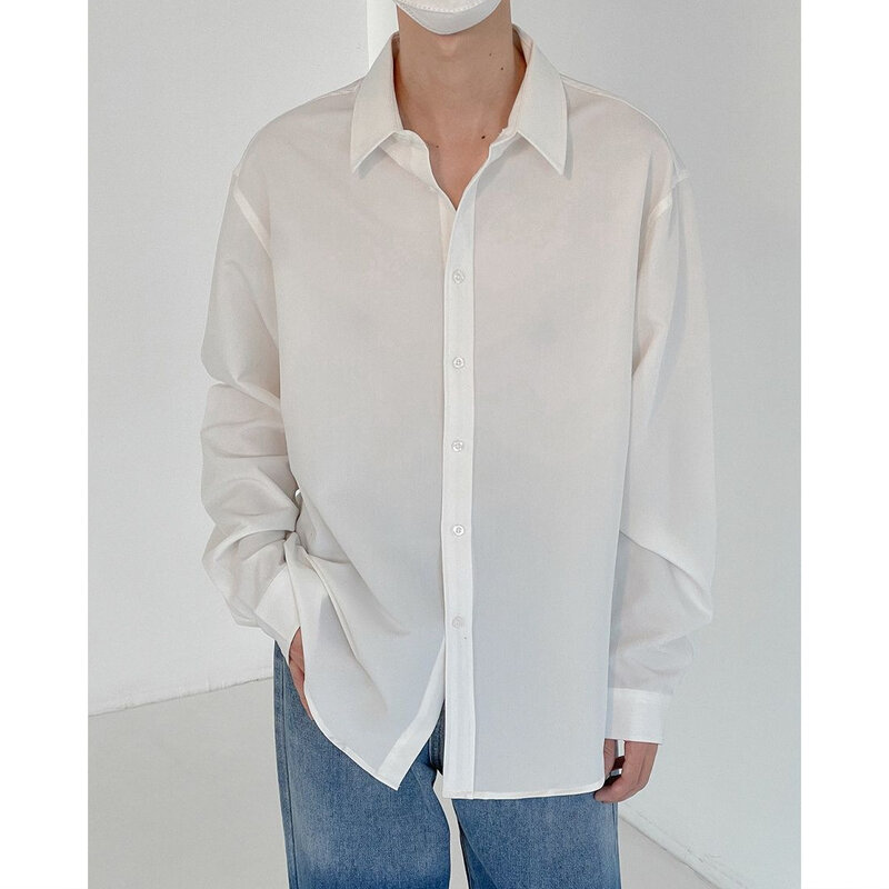 Wiosenna nowa długa koszule z rękawami dla mężczyzn w jednolitym kolorze bez żelaza wysokiej klasy koreańska moda Harajuku luźna, swobodna wewnętrzna męska koszula
