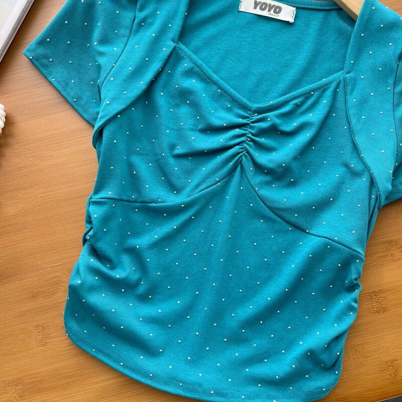 Женская шикарная футболка с квадратным вырезом, тонкая привлекательная французская модная Милая футболка с коротким рукавом, летняя женская Пляжная футболка hotsweet
