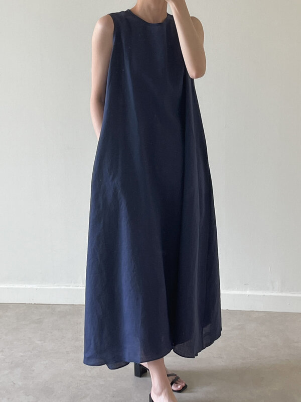 QoerliN-Vestido largo de cáñamo para mujer, prenda holgada y cómoda, sin mangas, con cordones, de algodón, estilo coreano, novedad de verano, 2023