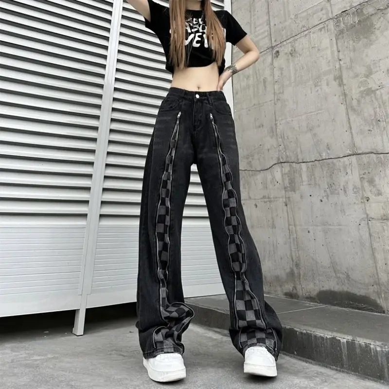 New American Checkered Jeans Women's Fashion Versatile High Waist Slim Loose Straight Leg Casual Pants