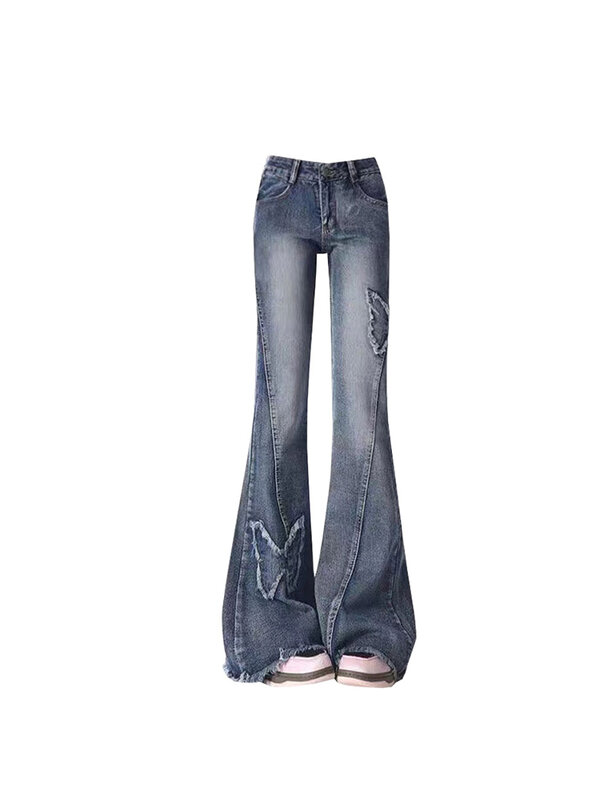 Damskie niebieskie jeansy rozkloszowane luźne Vintage 90s estetyczne spodnie z niskim stanem kowbojskie spodnie Harajuku Y2k tandetne Emo z lat 2000