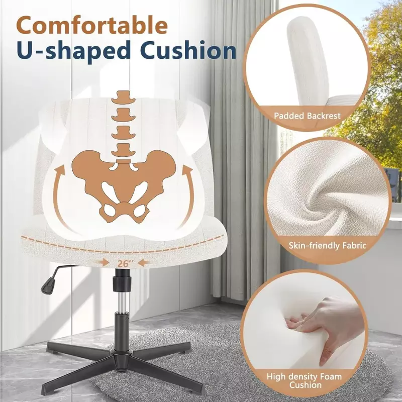 Cross Legged Office Chair, Armless Wide Desk  No Wheels, Modern Home Desk Chairs Swivel Adjustable