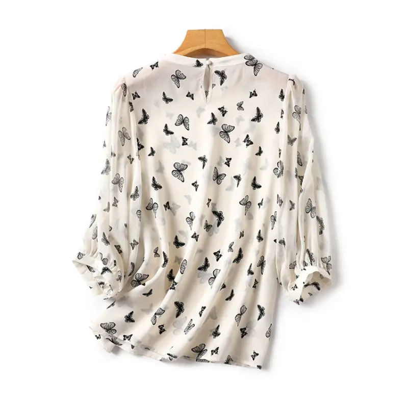 Camisa Vintage de gasa con estampado para mujer, blusa holgada de manga corta con cuello redondo, ropa coreana 2024