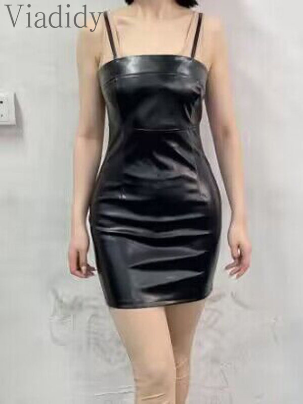 Women Sleeveless PU Dress Faux Leather Spaghetti Strap Backless Bodycon Dress