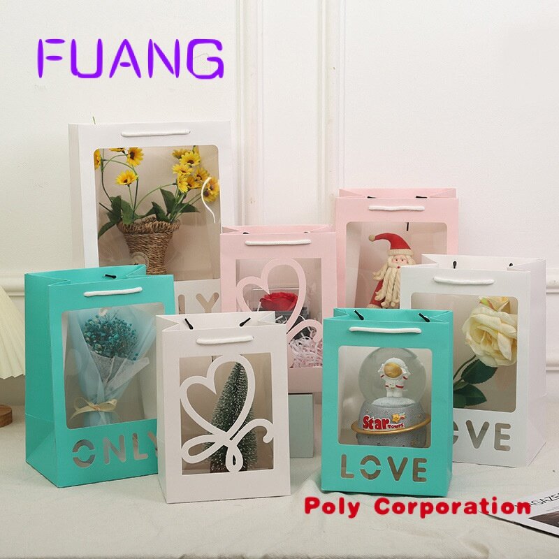 Custom  wholesale 2023 Valentine's Day love Flower Florist Bouquet Square Packaging bag Gift Bag With window