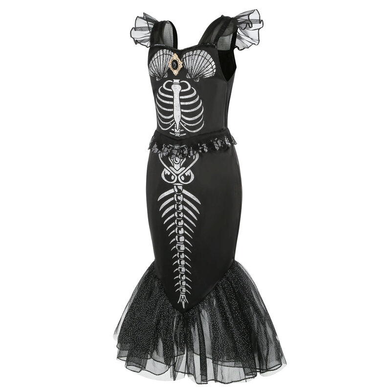 New Fashion Black Skeleton Little Mermaid Dress Kids Party Prom Costume Girls Ariel Carnival Clothing Toddler Princess Role Play