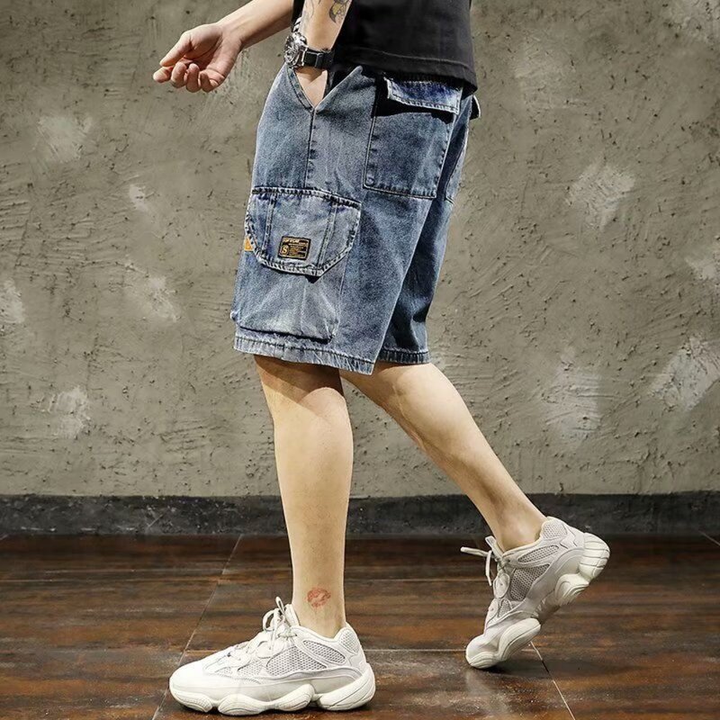 Jeans Hip Hop celana pendek kasual pria, celana jins bordir ukuran besar untuk pria