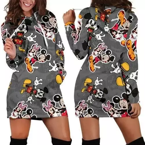 Disney-Vestido feminino com capuz de Mickey Mouse, camisola feminina, camisola estampada em todo o lado, 3D