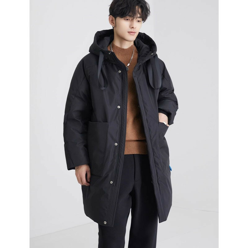 Jaqueta masculina de comprimento médio espessa com capuz, jaqueta preta casual de manga comprida quente, moda jovem, novo, inverno, 2023