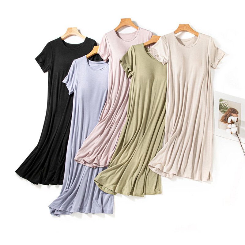 Women Summer Modal Nightwear With Breast Pads Solid Color Loose Short Sleeved Pajama For Sleeping Casual Comfort Home Nightdress