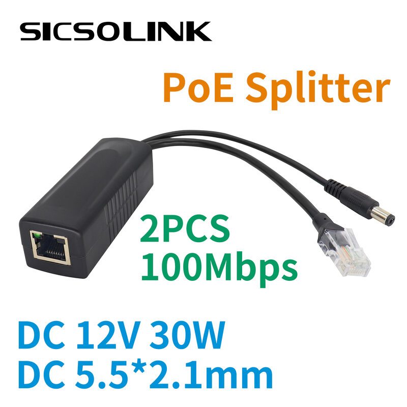 2 pcs Power Over Ethernet Splitter 30W 48 to 12V 10/100Mpbs RJ45 DC 5.5*2.1mm Support IEEE802.3 Af/At(30W) PoE Splitter