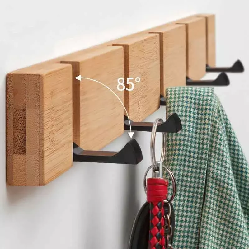 Foldable Bamboo Rack with Aluminum Hooks No Need to  Drill Coat Hat Clothing Hanger Wall-mounted Shelf for Room Organization