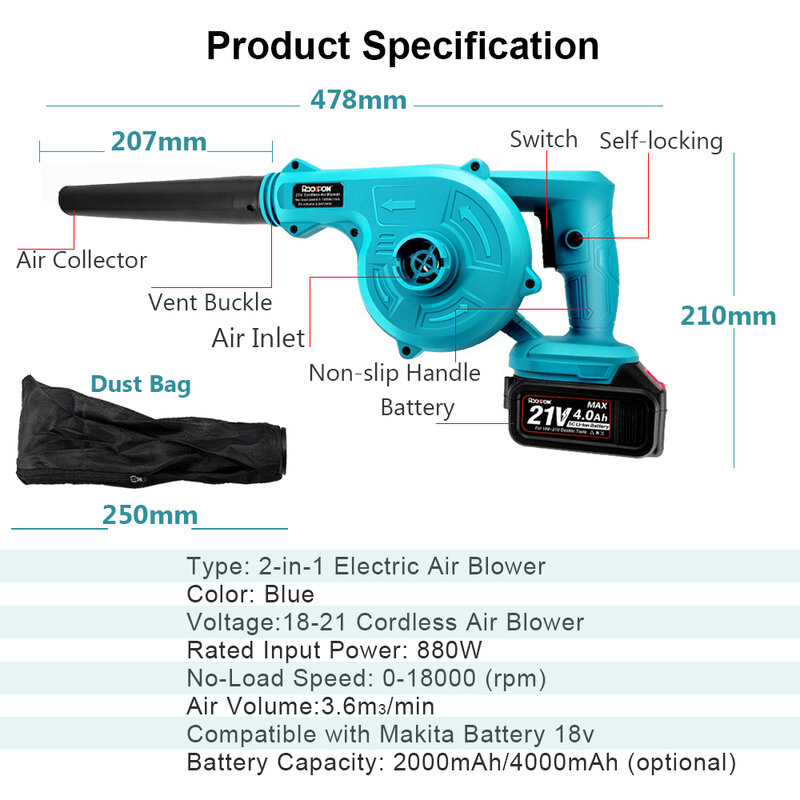 2 in 1 21V Cordless Electric Air Blower & Suction Leaf Computer Dust Cleaner Collector Power Tools For Makita 18V Battery Power