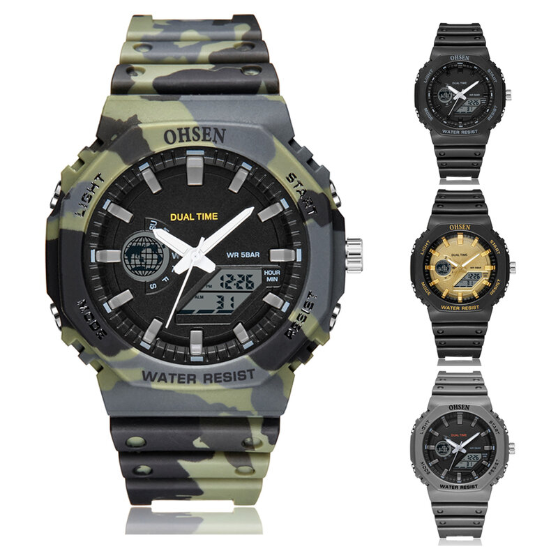 Nieuwe Mannen Horloge Quartz Digitale Led Dual Time Camouflage Legergroen Horloges Waterdicht Mannelijke Stopwatch Horloges Reloj Hombre