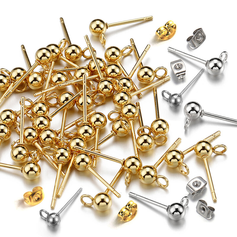 100 sztuk/20 sztuk ze stali nierdzewnej okrągła kula kolczyk szpilki ucha Backs otwarte pierścienie kolczyki w kolorze złota dla DIY tworzenia biżuterii hurtowych