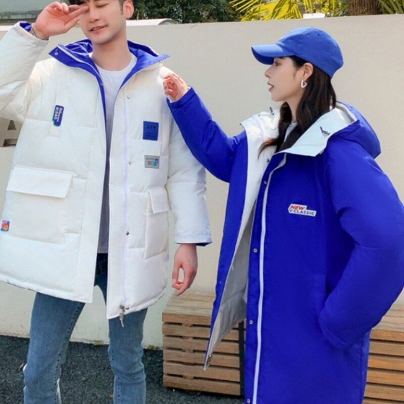 Jaqueta acolchoada reversível para homens e mulheres, casaco de algodão médio comprimento, estilo coreano, jaqueta de rua solta para casal, inverno
