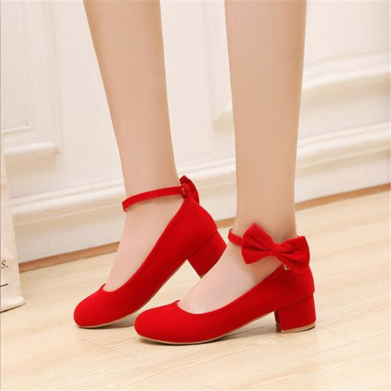 Girls High Heels Women Shoes Medium Heels Mary Janes Shoe Patent Leather Pumps Ankle Strap Ladies Shoe Office Zapatos Mujer30-43