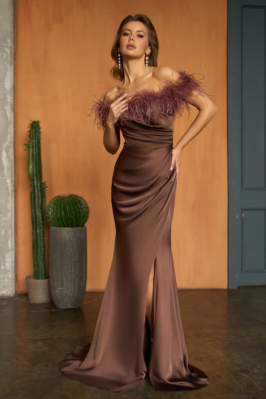 Женское атласное платье-футляр с открытыми плечами, плиссированное вечернее платье-Русалка с открытой спиной и высоким разрезом, для выпускного вечера, 2024