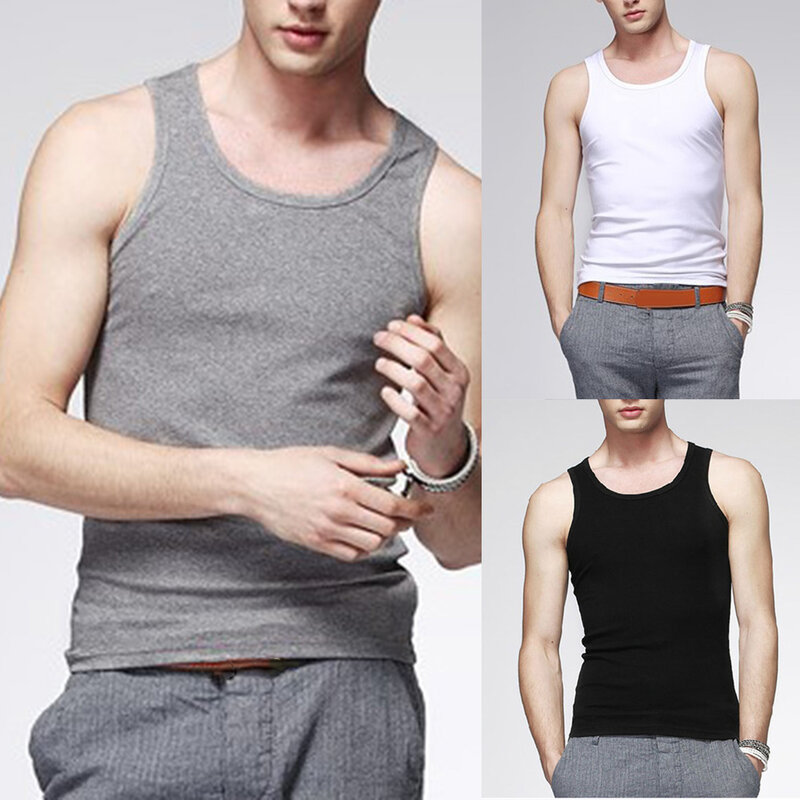 Camiseta sin mangas para hombre, chaleco informal de Fitness, culturismo, cuello redondo liso, color negro, blanco y gris