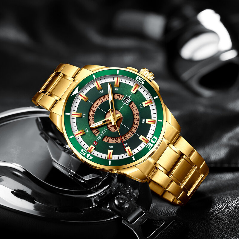 Jam tangan kuarsa pria, arloji Stainless Steel emas dengan tanggal bercahaya tahan air bisnis santai multifungsi jam Quartz 8359