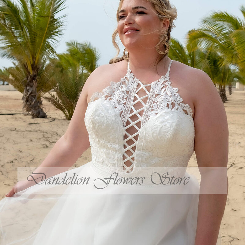 Sexy Haler Collar Wedding Dresses Plus Size 2023 Lace Up Bride Gowns Tulle Sleeveless A-Line Sweep Train Vestido De Noiva