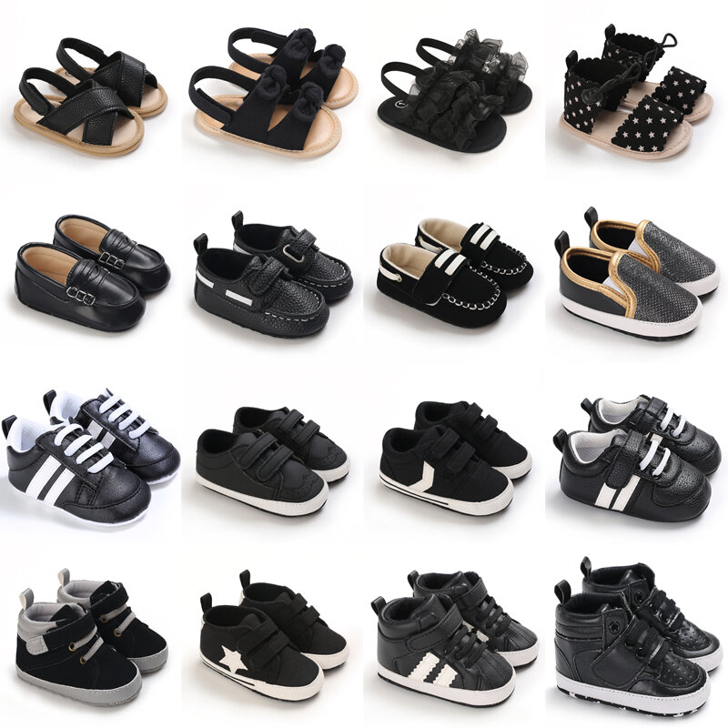 Черные модные повседневные тканевые туфли для новорожденных, обувь для первых шагов для мальчиков и девочек, нескользящая детская обувь для младенцев и малышей