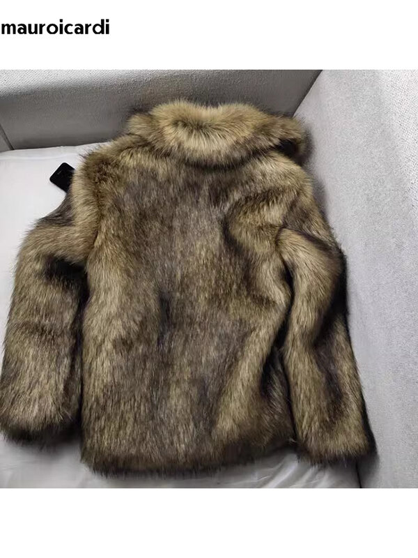 Mauroicardi 남성용 짧은 두껍고 따뜻한 털, 털이 있는 털, 털 같은 인조 너구리 모피 코트, 긴팔 하이 퀄리티, 럭셔리 푹신한 재킷, 2023, 겨울