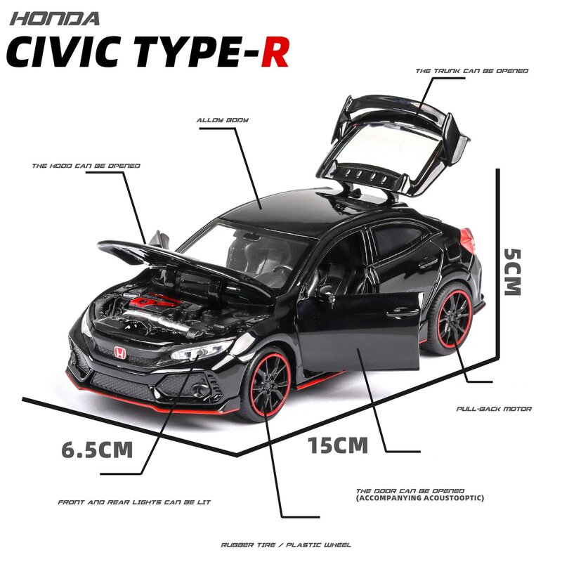 Honda Civic Type R Toy Car pour enfants, modèle l'inventaire moulé sous pression, portes arrière côtelées, ouvrable, collection son et lumière, cadeau pour garçons, 1/32