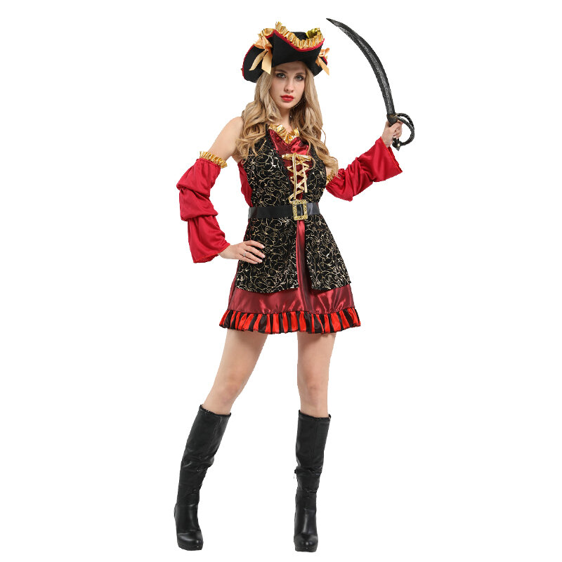 Traje cosplay pirata caribenho para mulheres, vestido de festa adulto, chapéu sexy, fantasias de Halloween, roupas