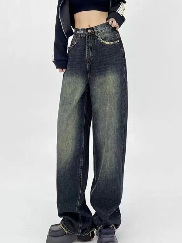 Wijde Pijpen Jeans Vrouwen Elegante Casual Koreaanse Fashion Style Hoge Taille Dagelijkse Retro Gewassen Vintage Streeetwear Chic Alle-Match basic