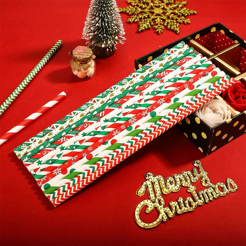 크리스마스 빨대 일회용 종이 빨대, 멀티 컬러 프린트, 새해 파티 용품, 25 개