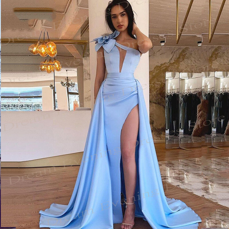 Simple Pretty Blue Women's Mermaid Classic Evening Dresses One Shoulder Sleeveless Prom Gowns Sexy Side Split Formal Occasion